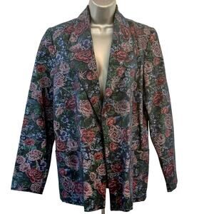 Handmade Floral Print Denim Dark Cabbage Rose Woman’s Jacket Very Good Condition